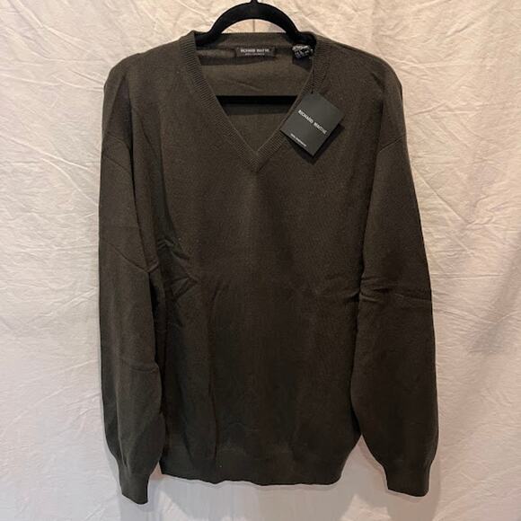 NWT Richard Waithe Sweater Jumper Cashmere Mens V Neck Olive Sz L - Picture 1 of 5